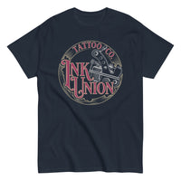 A navy-blue t-shirt adorned with the Ink Union Tattoo Co. red and gold with a silver tattoo machine logo.