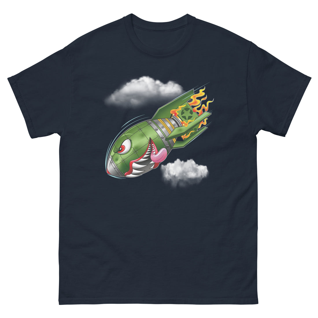 A navy blue t-shirt with a military green neo-traditional bomb tattoo design. The bomb is falling with a look of determination in its eyes, an evil toothy grin, and its tongue hanging out of its mouth. Flames are coming from the back of the bomb, and some clouds are in the background.