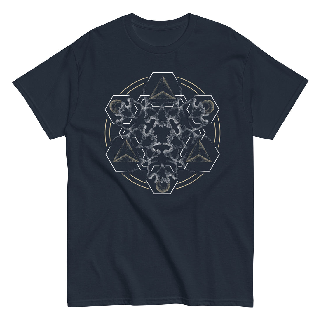 A navy t-shirt with a mandala built from white dot work skulls and gold and white geometric shapes.