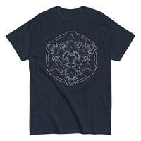 A navy t-shirt with a mandala built from white dot work skulls and gold and white geometric shapes.