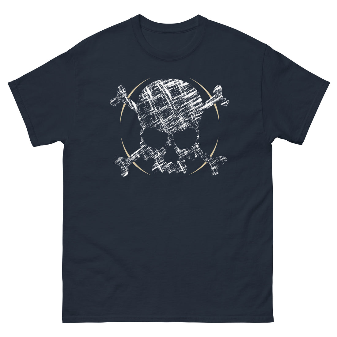 A navy blue t-shirt adorned with a roughly cross-hatched skull and crossbones in white.  Solid gold arcs give the image the impression of movement towards the end of the crossbones.