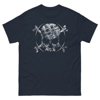 A navy blue t-shirt adorned with a roughly cross-hatched skull and crossbones in white.  Solid gold arcs give the image the impression of movement towards the end of the crossbones.