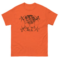 A orange t-shirt adorned with a roughly cross-hatched skull and crossbones in black. Solid black arcs give the image the impression of movement towards the end of the crossbones.