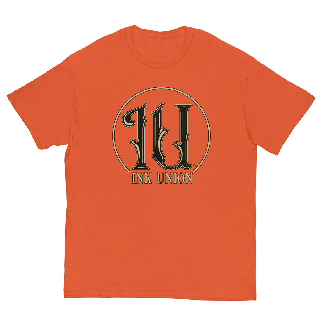 Ink Union Clothing Co. orange t-shirt featuring the Ink Union ring logo in black and gold.