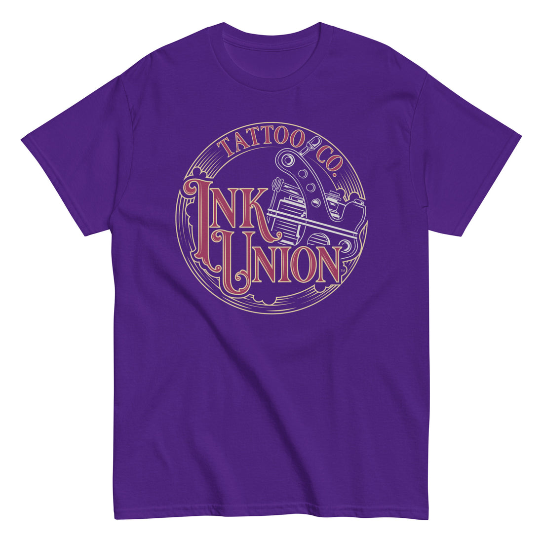 A purple t-shirt adorned with the Ink Union Tattoo Co. red and gold with a silver tattoo machine logo.