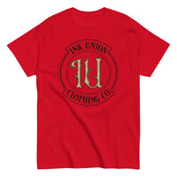 A  red t-shirt with the Ink Union Clothing Co Badge logo in black and gold centered on the front of the shirt.