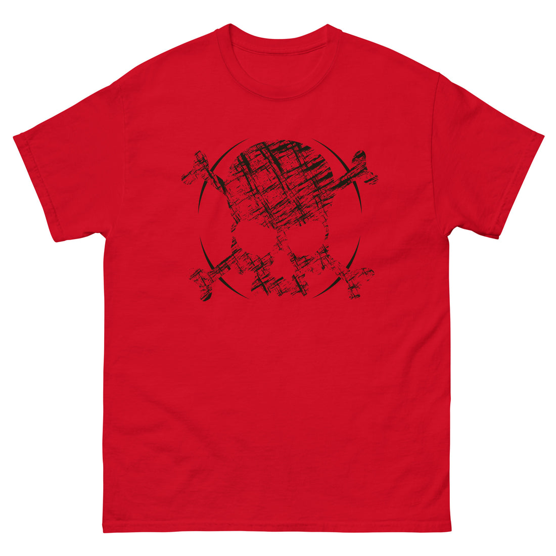 A red t-shirt adorned with a roughly cross-hatched skull and crossbones in black.  Solid black arcs give the image the impression of movement towards the end of the crossbones.