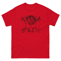 A red t-shirt adorned with a roughly cross-hatched skull and crossbones in black. Solid black arcs give the image the impression of movement towards the end of the crossbones.