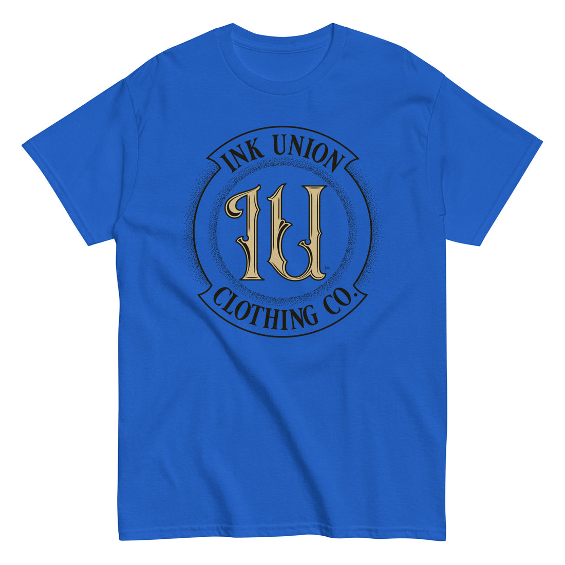 A  royal blue t-shirt with the Ink Union Clothing Co Badge logo in black and gold centered on the front of the shirt.