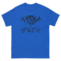 A royal blue t-shirt adorned with a roughly cross-hatched skull and crossbones in black. Solid black arcs give the image the impression of movement towards the end of the crossbones.