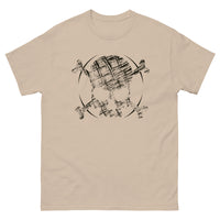 A sand t-shirt adorned with a roughly cross-hatched skull and crossbones in black. Solid black arcs give the image the impression of movement towards the end of the crossbones.