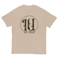 Ink Union Clothing Co. light brown t-shirt featuring the Ink Union ring logo in black and gold.