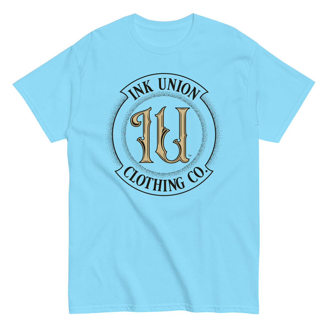 A sky blue t-shirt with the Ink Union Clothing Co Badge logo in black and gold centered on the front of the shirt.