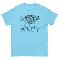 A sky blue t-shirt adorned with a roughly cross-hatched skull and crossbones in black. Solid black arcs give the image the impression of movement towards the end of the crossbones.