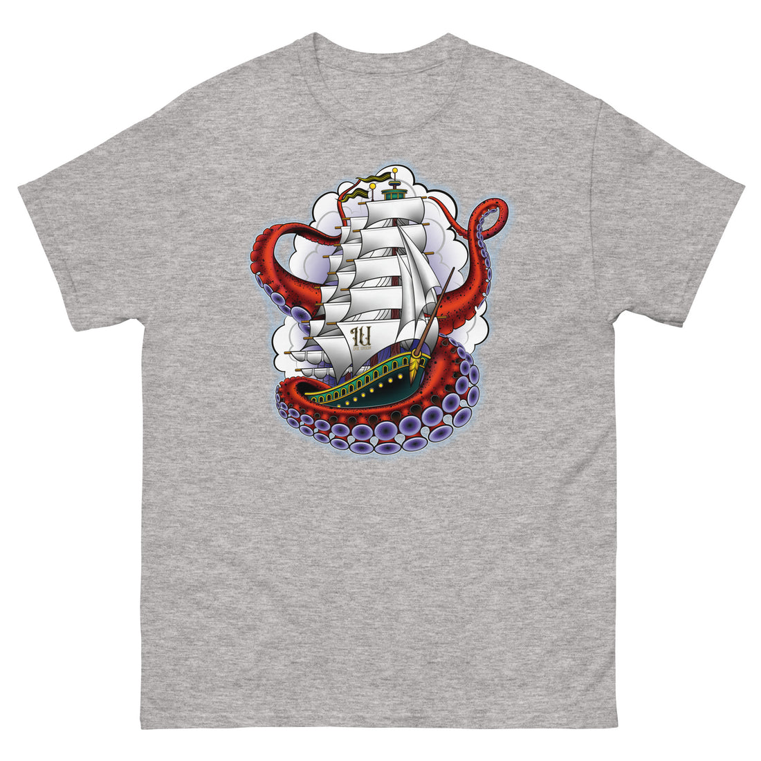 A light grey t-shirt with an old-school clipper ship tattoo design in green and brown with white sails surrounded by octopus tentacles in shades of red with purple tentacles. Behind the ship are purple-tinged clouds.