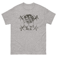 A light grey t-shirt adorned with a roughly cross-hatched skull and crossbones in black. Solid black arcs give the image the impression of movement towards the end of the crossbones.