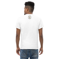 The back view is of an attractive man wearing a white t-shirt with a small gold and black Ink Union badge Logo centered just under the neckline.