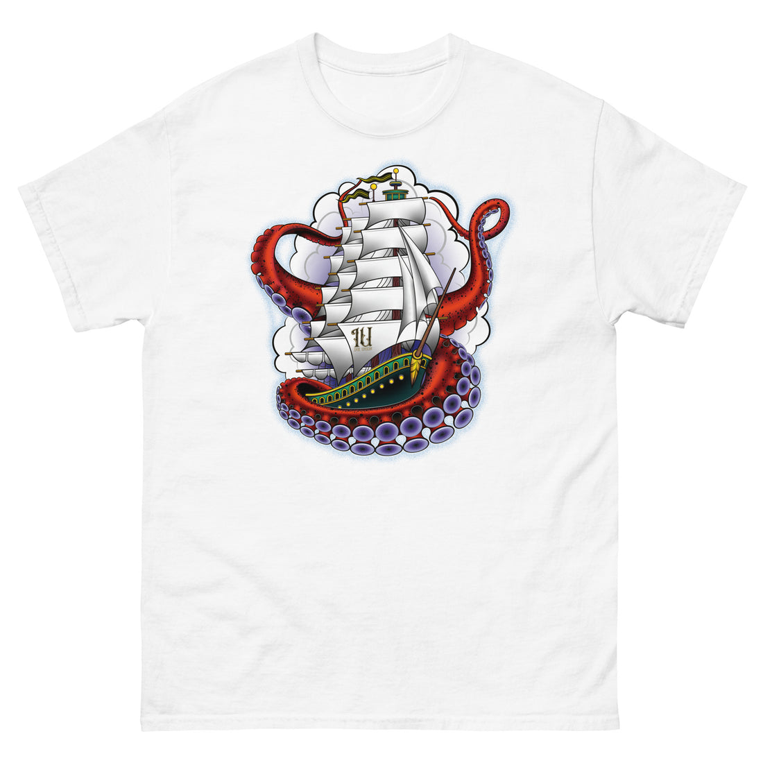 A white t-shirt with an old-school clipper ship tattoo design in green and brown with white sails surrounded by octopus tentacles in shades of red with purple tentacles. Behind the ship are purple-tinged clouds.