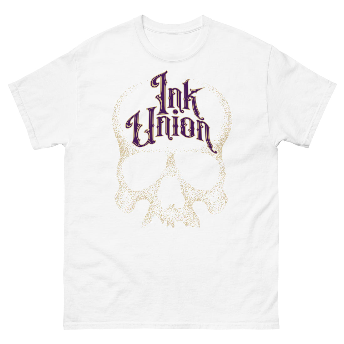 A white t-shirt adorned with a gold dot work human skull  and the words Ink Union in fancy gold and purple lettering across the forehead of the skull.