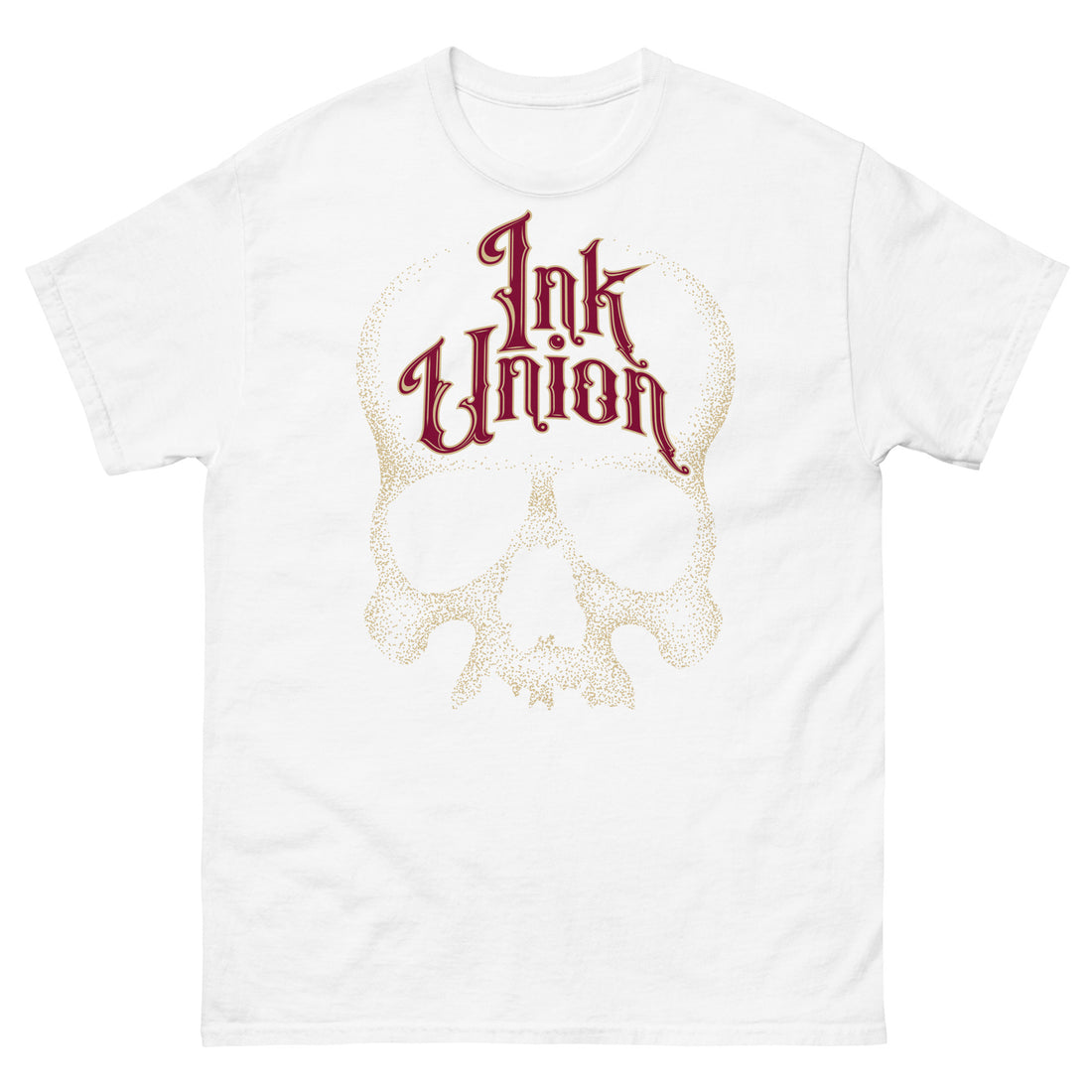 A white t-shirt adorned with a gold dot work human skull  and the words Ink Union in fancy gold and red lettering across the forehead of the skull.