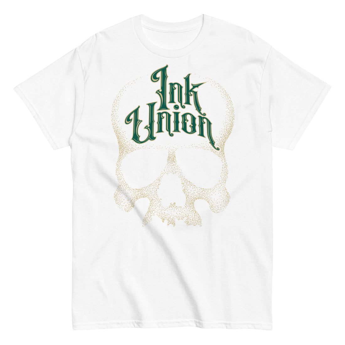 A white t-shirt adorned with a gold dot work human skull  and the words Ink Union in fancy gold and green lettering across the forehead of the skull.