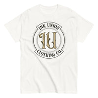 A white t-shirt with the Ink Union Clothing Co Badge logo in black and gold centered on the front of the shirt.