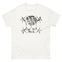 A white t-shirt adorned with a roughly cross-hatched skull and crossbones in black. Solid black arcs give the image the impression of movement towards the end of the crossbones.