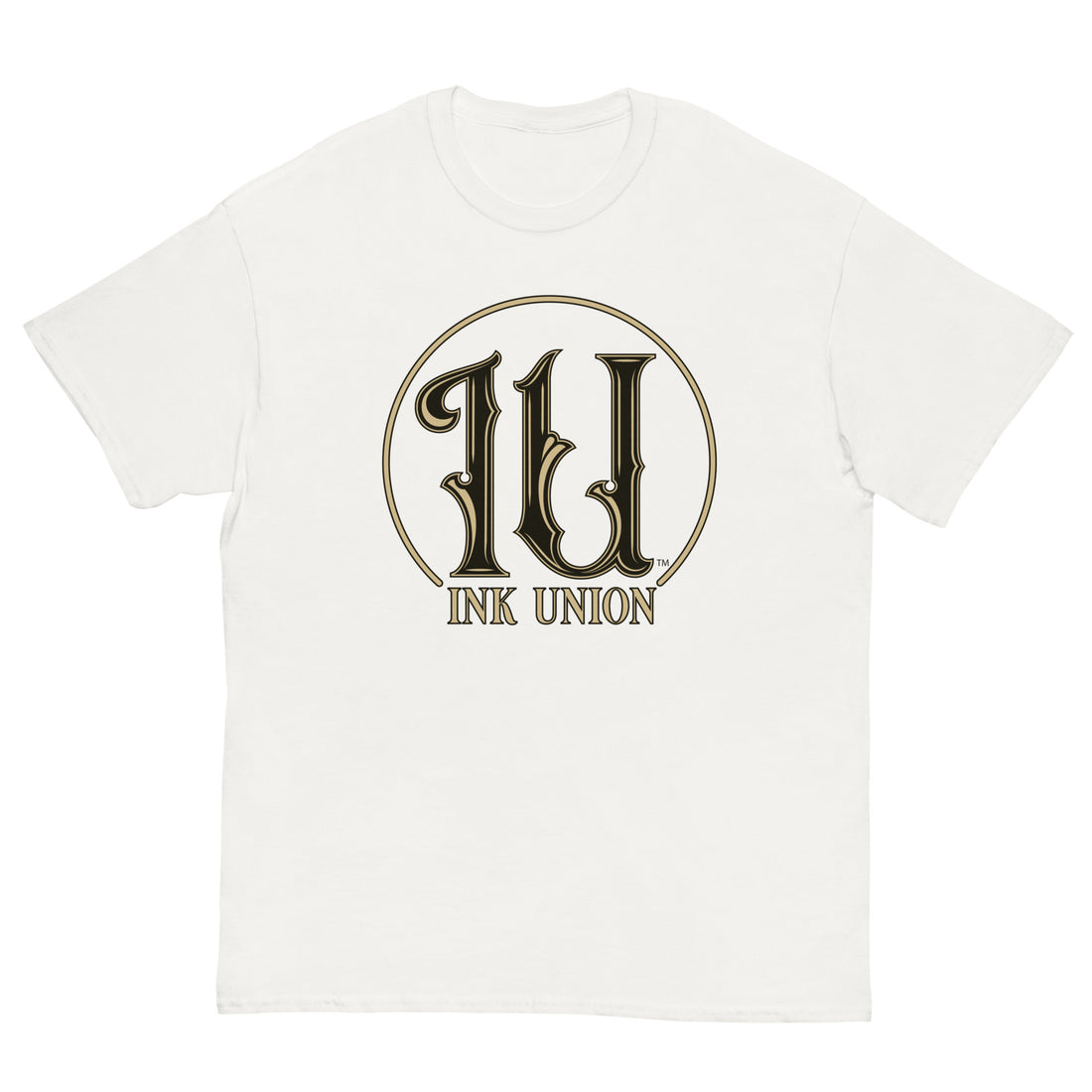 Ink Union Clothing Co. white t-shirt featuring the Ink Union ring logo in black and gold.