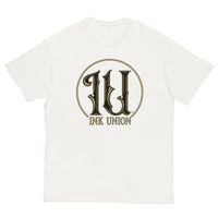 Ink Union Clothing Co. white t-shirt featuring the Ink Union ring logo in black and gold.