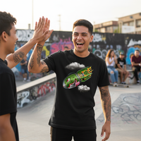 Neo-Traditional Bomb Tee — Tattooed Latino male model wearing black Ink Union neo-traditional bomb tattoo bold art unisex graphic tee high-fiving a friend at outdoor skate park street festival with urban graffiti background — alternative streetwear, tattoo artist t-shirt, unisex graphic tee, bold neo-traditional art fashion
