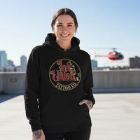Red & Gold Flash Art Hoodie — Tattooed female model wearing black Ink Union Tattoo Co. red and gold flash art tattoo machine hoodie on rooftop with helicopter in background — alternative streetwear, tattoo artist sweatshirt, unisex heavy blend hoodie, edgy cool fashion