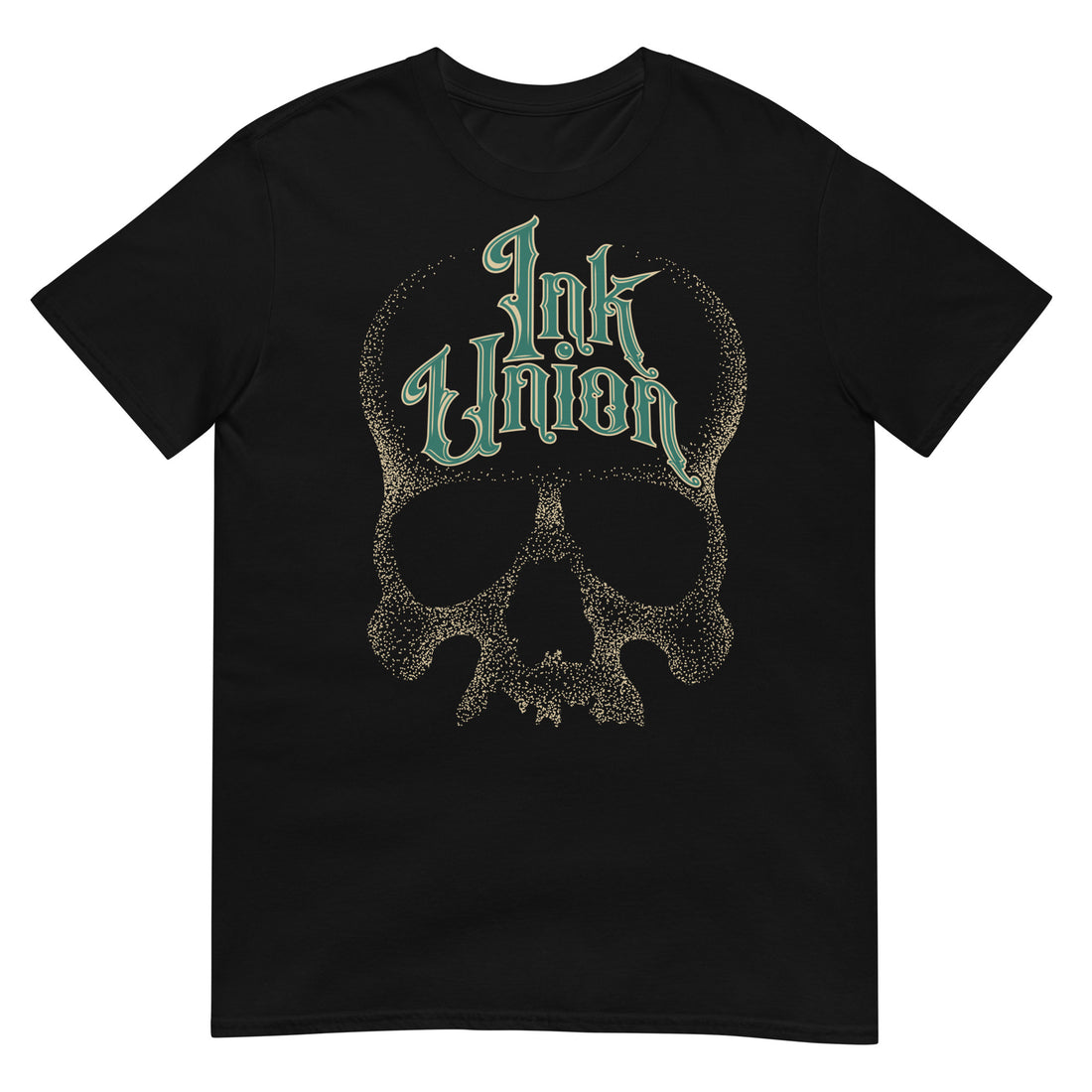 A black t-shirt  adorned with a gold dot work human skull and the words Ink Union in fancy gold and green lettering across the forehead of the skull.