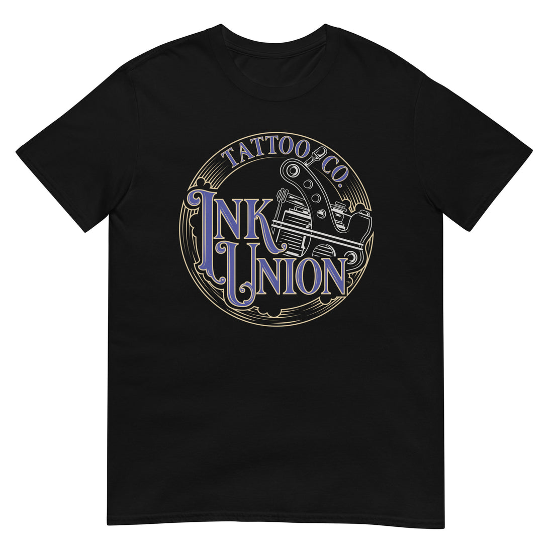 A black t-shirt adorned with the Ink Union Tattoo Co. blue and gold with a silver tattoo machine logo.