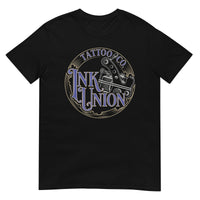 A black t-shirt adorned with the Ink Union Tattoo Co. blue and gold with a silver tattoo machine logo.