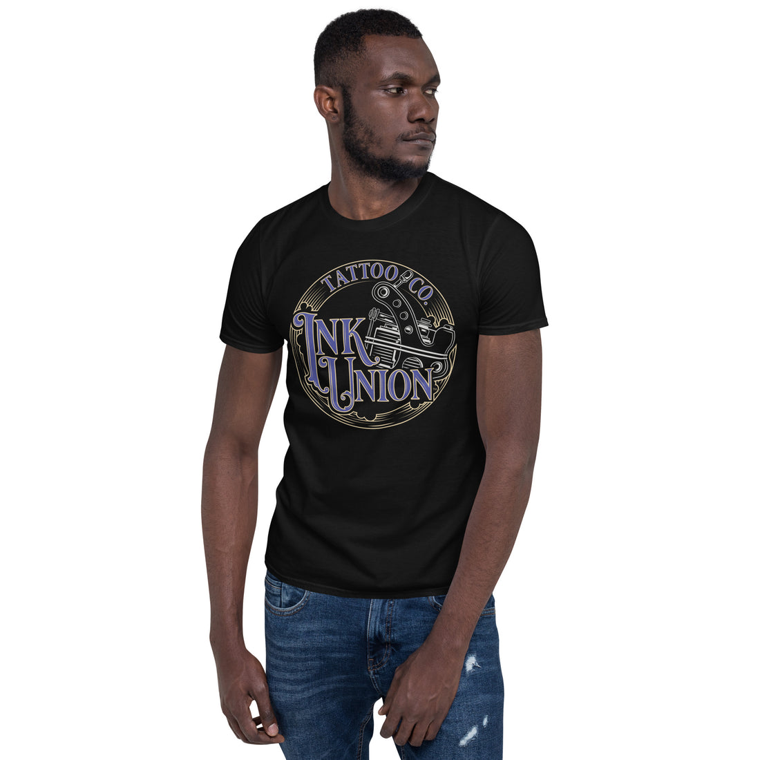 An attractive man wearing a black t-shirt adorned with the Ink Union Tattoo Co. blue and gold with a silver tattoo machine logo.