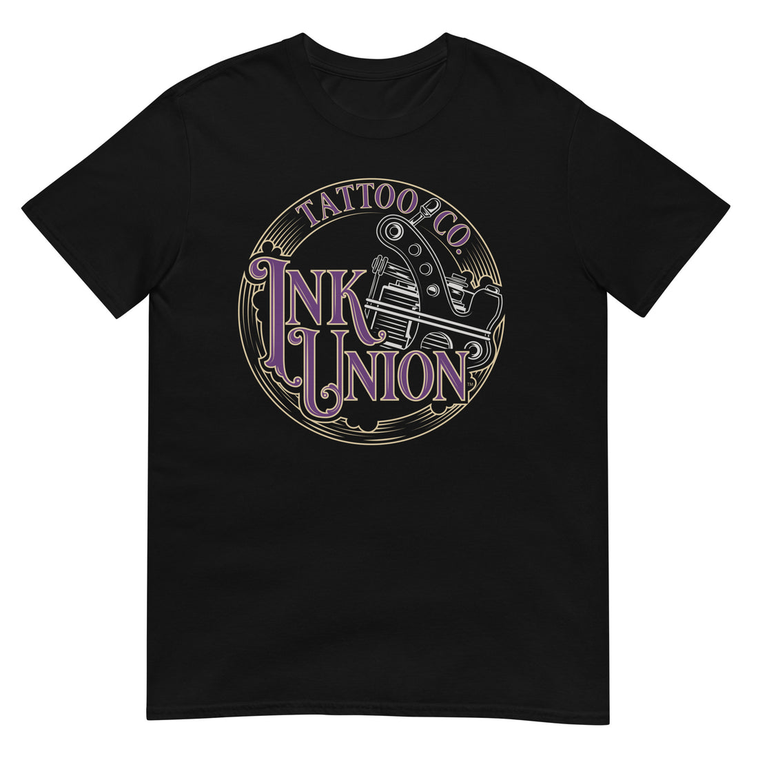A black t-shirt adorned with the Ink Union Tattoo Co. purple and gold with a silver tattoo machine logo.