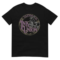 A black t-shirt adorned with the Ink Union Tattoo Co. purple and gold with a silver tattoo machine logo.