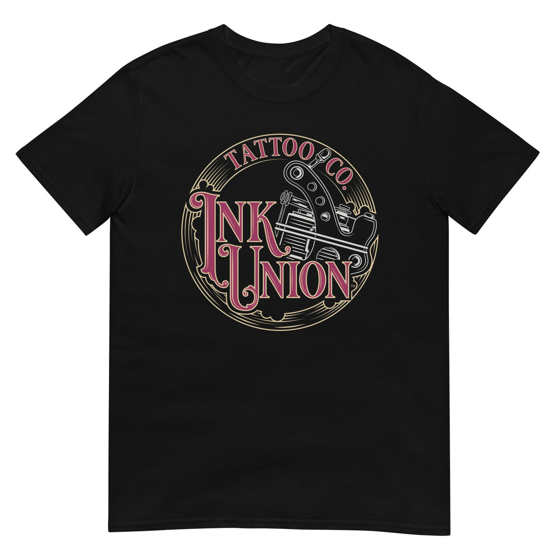 A black t-shirt adorned with the Ink Union Tattoo Co. red and gold with a silver tattoo machine logo.