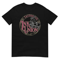 A black t-shirt adorned with the Ink Union Tattoo Co. red and gold with a silver tattoo machine logo.