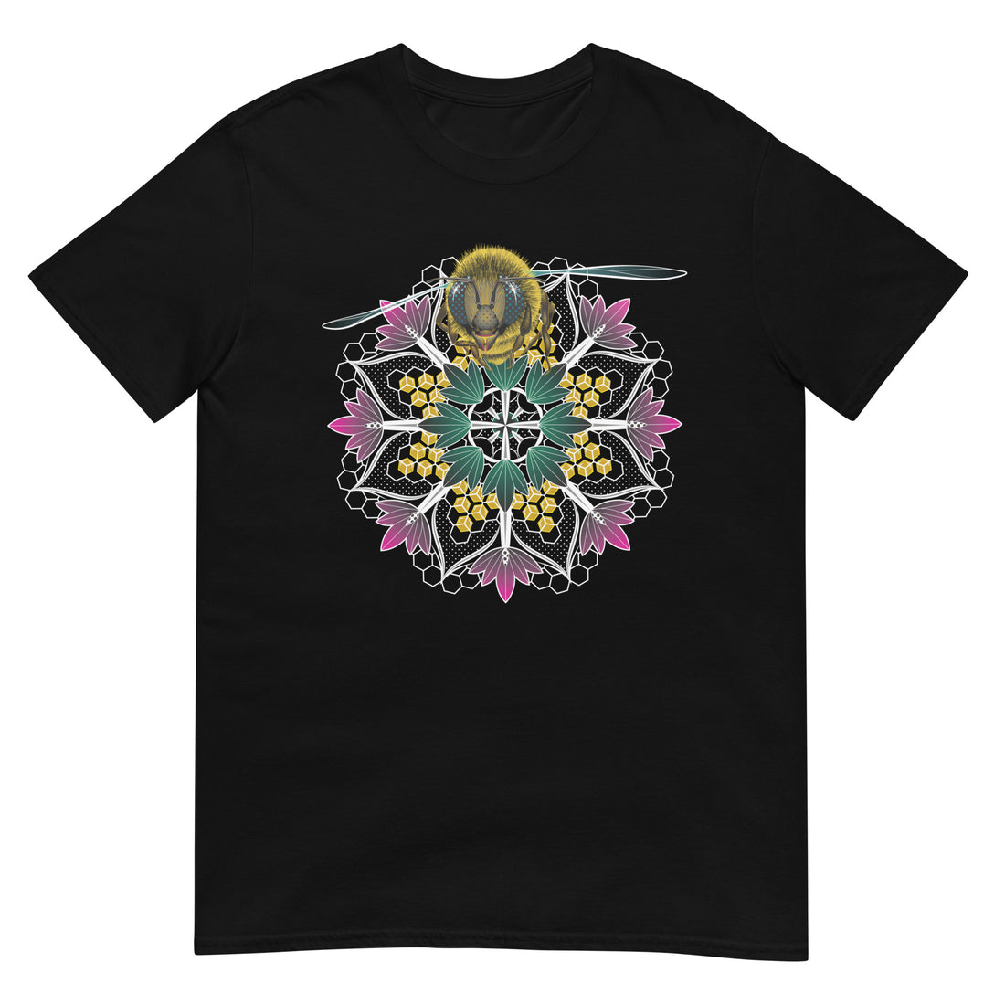 A black t-shirt with a mandala containing pink lotus flowers and honeycomb designs and a life-like honeybee flying toward you at the top of the mandala.