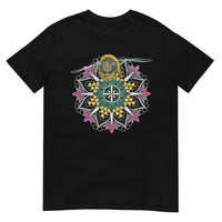 A black t-shirt with a mandala containing pink lotus flowers and honeycomb designs and a life-like honeybee flying toward you at the top of the mandala.