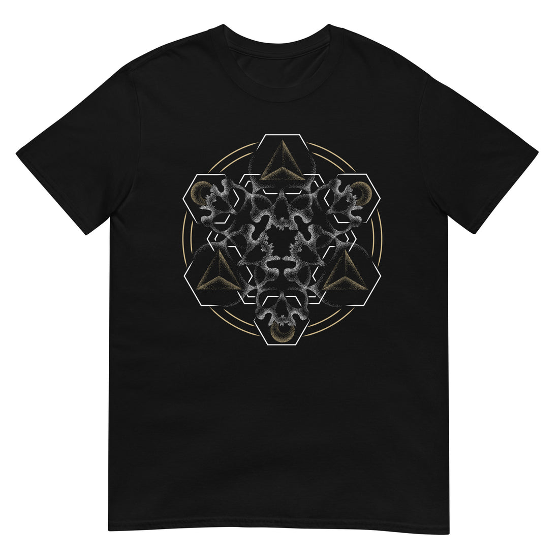 A black t-shirt with a mandala built from white dot work skulls and gold and white geometric shapes.