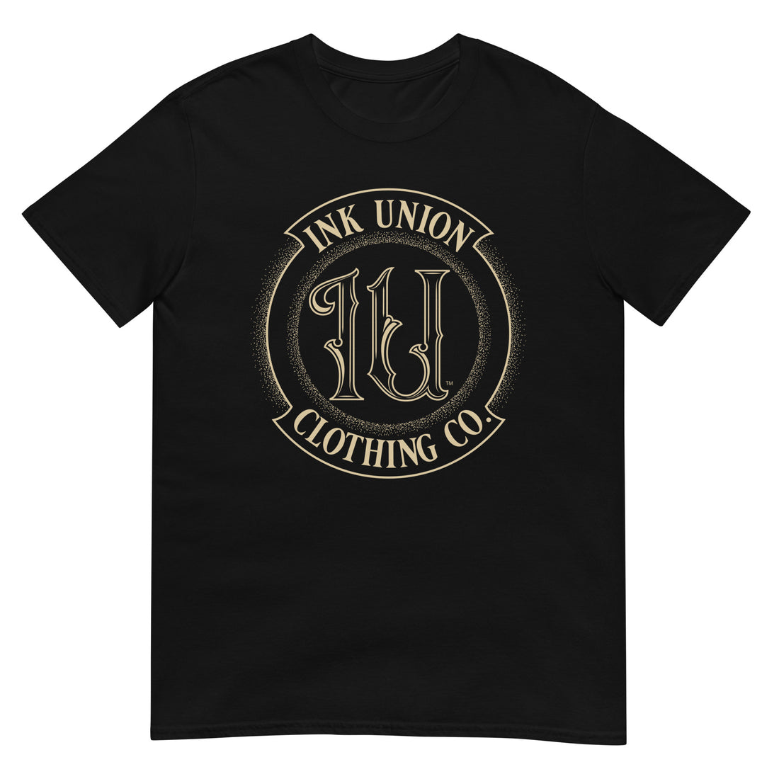 A black t-shirt adorned with the Ink Union Clothing Co gold badge logo containing fancy lettering and dot work gradients.