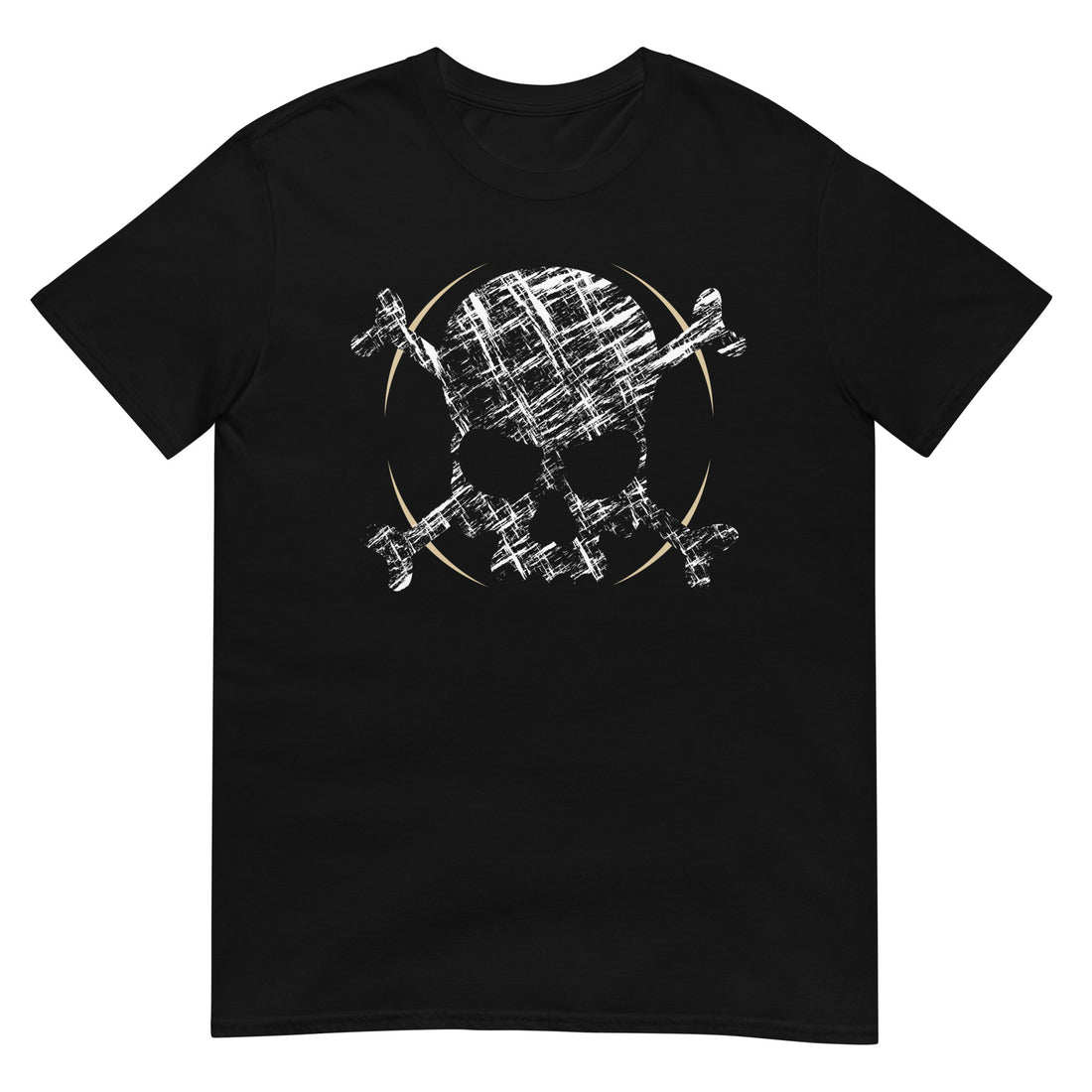 A black t-shirt adorned with a roughly cross-hatched skull and crossbones in white.  Solid gold arcs give the image the impression of movement towards the end of the crossbones.