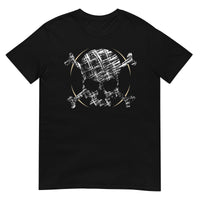 A black t-shirt adorned with a roughly cross-hatched skull and crossbones in white.  Solid gold arcs give the image the impression of movement towards the end of the crossbones.