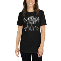 An attractive woman wearing a black t-shirt adorned with a roughly cross-hatched skull and crossbones in white.  Solid gold arcs give the image the impression of movement towards the end of the crossbones.