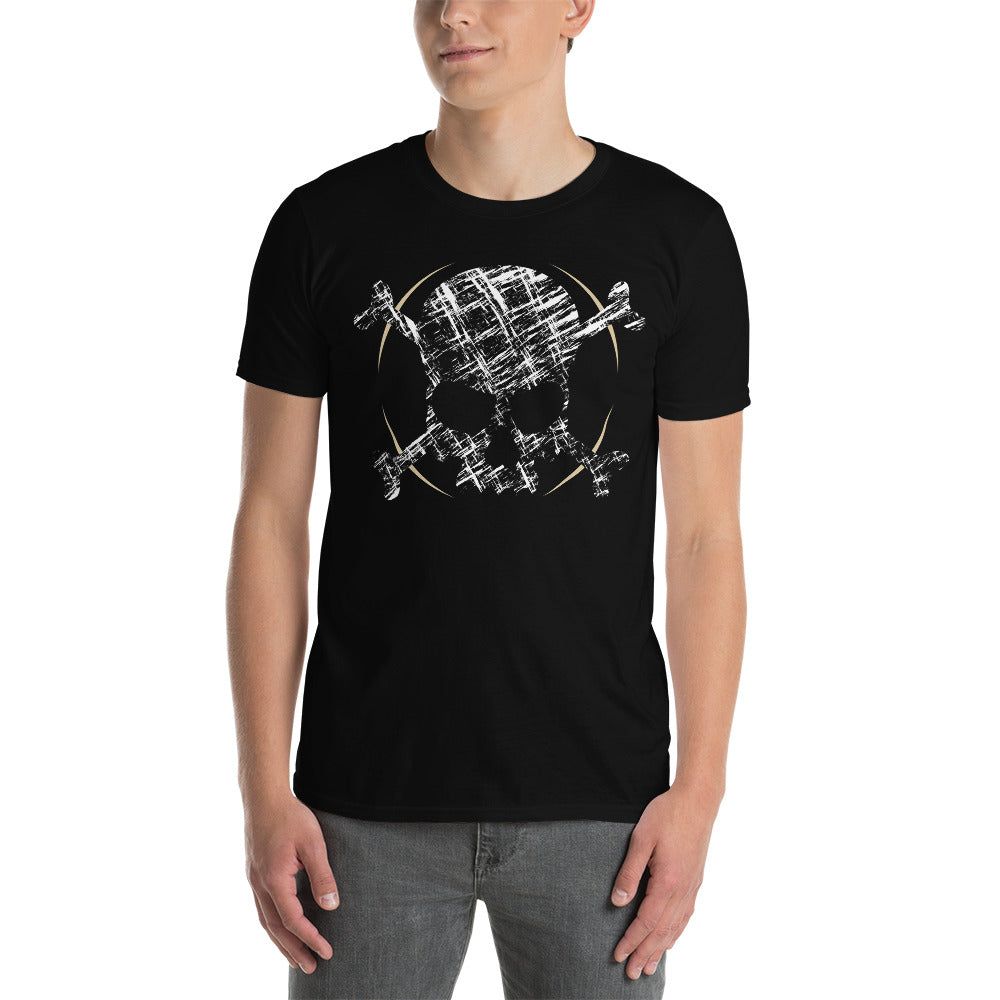 An attractive man wearing a black t-shirt adorned with a roughly cross-hatched skull and crossbones in white.  Solid gold arcs give the image the impression of movement towards the end of the crossbones.