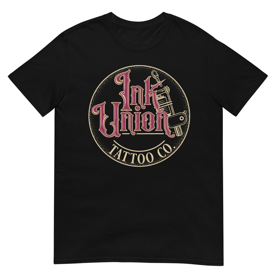 A black t-shirt with a gold circle containing fancy lettering in red and gold that says Ink Union and a gold tattoo machine peeking out from behind on the right side.  There is a dot work gradient inside the circle, and the words Tattoo Co. in gold are at the bottom of the design.
