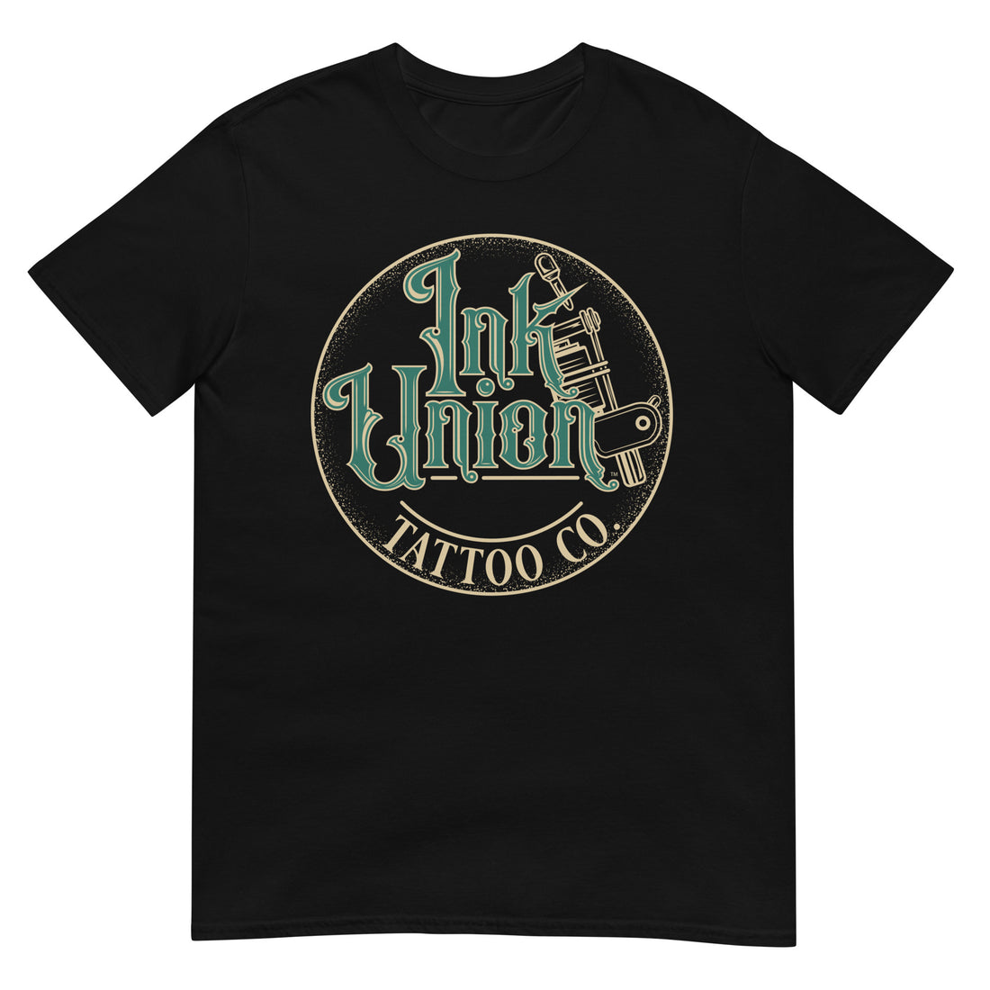 A black t-shirt with a gold circle containing fancy lettering in green and gold that says Ink Union and a gold tattoo machine peeking out from behind on the right side.  There is a dot work gradient inside the circle, and the words Tattoo Co. in gold are at the bottom of the design.