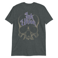 A dark grey t-shirt adorned with a gold dot work human skull  and the words Ink Union in fancy gold and blue lettering across the forehead of the skull.